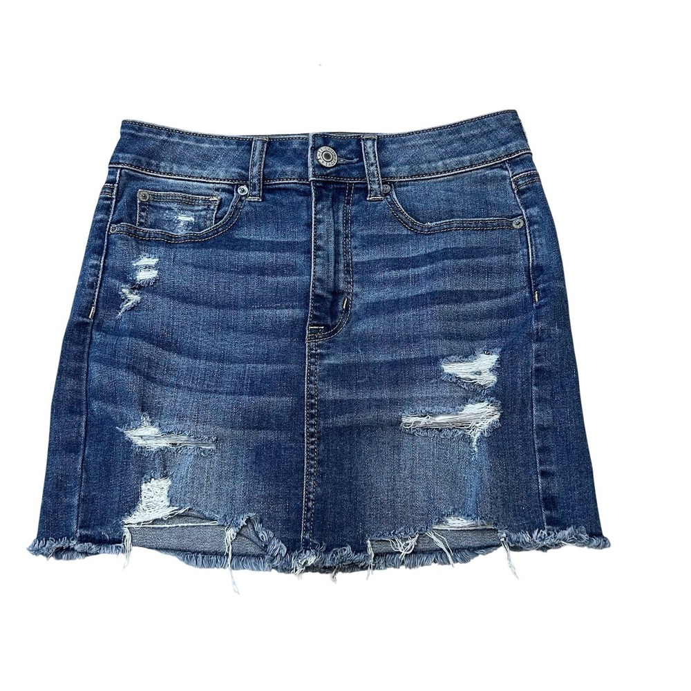 American Eagle‎ Hi Rise Mini Denim Skirt Distressed Blue Super Stretch Size 4